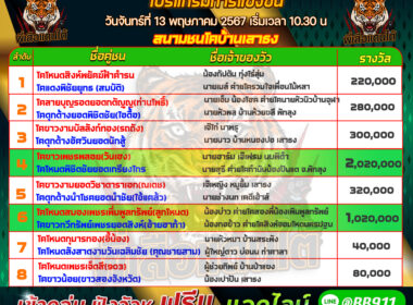 วันที่13/05/67 โปรแกรมวัวชน สนามชนโคบ้านเสาธง