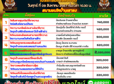 วัวชน วันที่08/08/67 โปรแกรมวัวชน สนามชนโคบ้านเสาธง