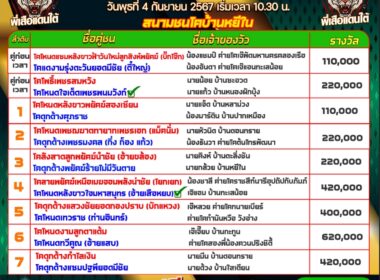 ทีเด็ดวัวชน วันที่04/09/67 สนามชนโคบ้านหยีใน