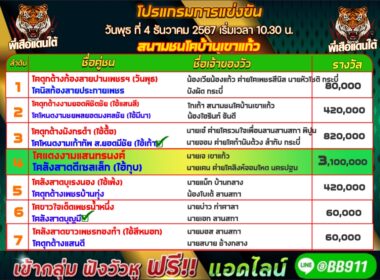 ทีเด็ดวัวชน วันที่04/12/67 สนามชนโคบ้านเขาแก้ว