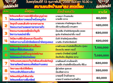 โปรแกรมวัวชน วันที่13/02/68 สนามชนโคบ้านเสาธง สเตเดี๊ยม