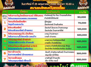 โปรแกรมวัวชน วันที่25/05/68 สนามชนโคสมหวัง สเตเดี๊ยม