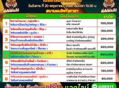 โปรแกรมวัวชน วันที่20/05/68 สนามท่าศาลา