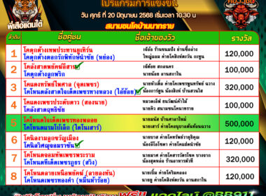 ทีเด็ดวัวชน วันที่20/06/68 สนามชนโคบ้านนาทราย