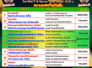 โปรแกรมวัวชน วันที่15/06/68 สนามชนโคบ้านท่าหรั่ง