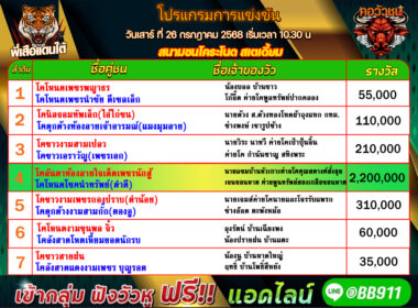 โปรแกรมวัวชน วันที่26/07/68 สนามชนโคระโนด
