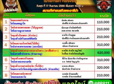 โปรแกรมวัวชน วันที่16/09/68 สนามชนโคบ้านระโนด