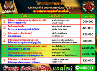 โปรแกรมวัวชน วันที่15/01/69 สนามชนโคเสาธง สเตเดี๊ยม