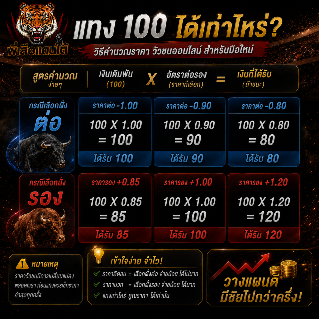 แทง 100 ได้เท่าไหร่? วิธีคำนวณราคา วัวชนออนไลน์ สำหรับมือใหม่
