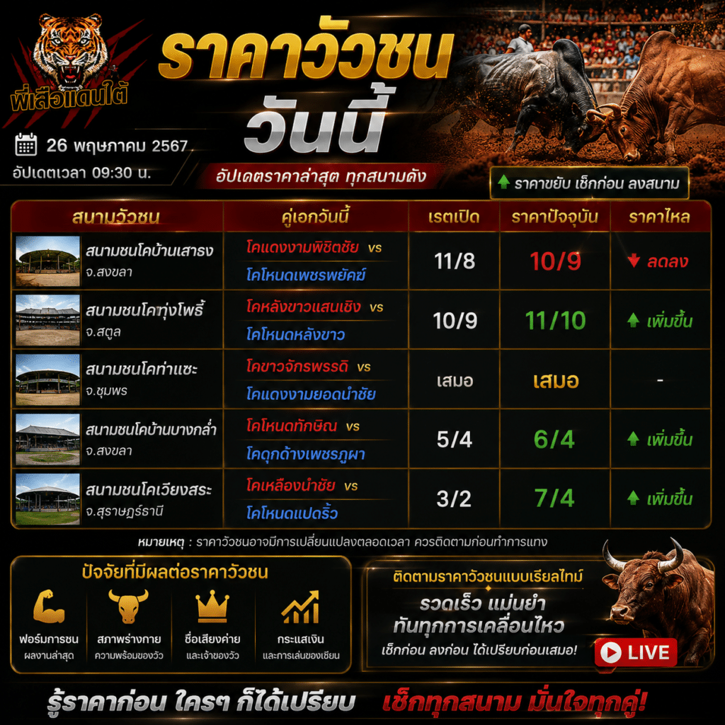 ราคาวัวชน วันนี้ วิธีดูราคาไหล อ่านราคาต่อรอง และวิเคราะห์ความเคลื่อนไหวล่าสุด