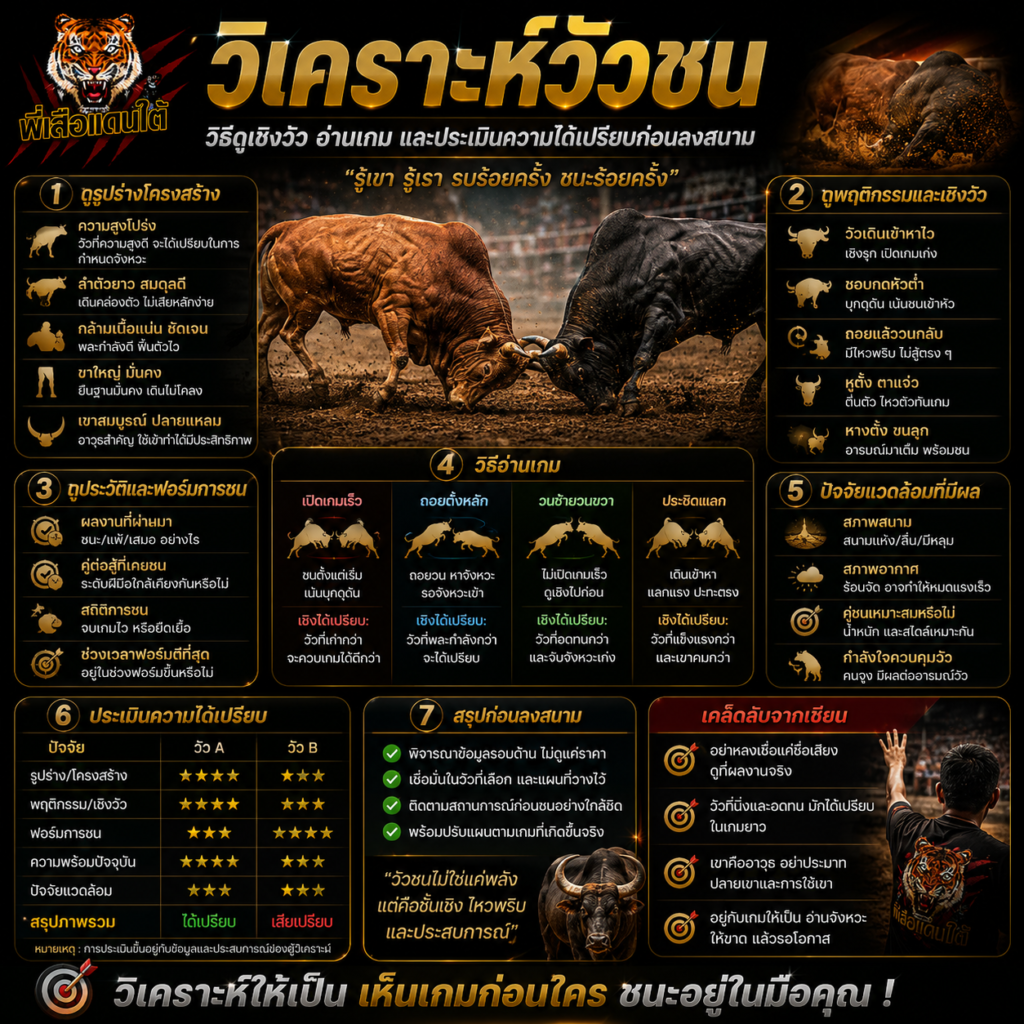 วิเคราะห์วัวชน วิธีดูเชิงวัว อ่านเกม และประเมินความได้เปรียบก่อนลงสนาม
