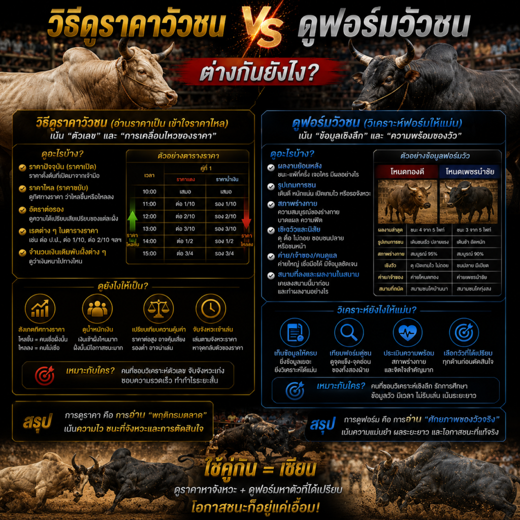 วิธีดูราคาวัวชน vs ดูฟอร์มวัวชน ต่างกันยังไง?