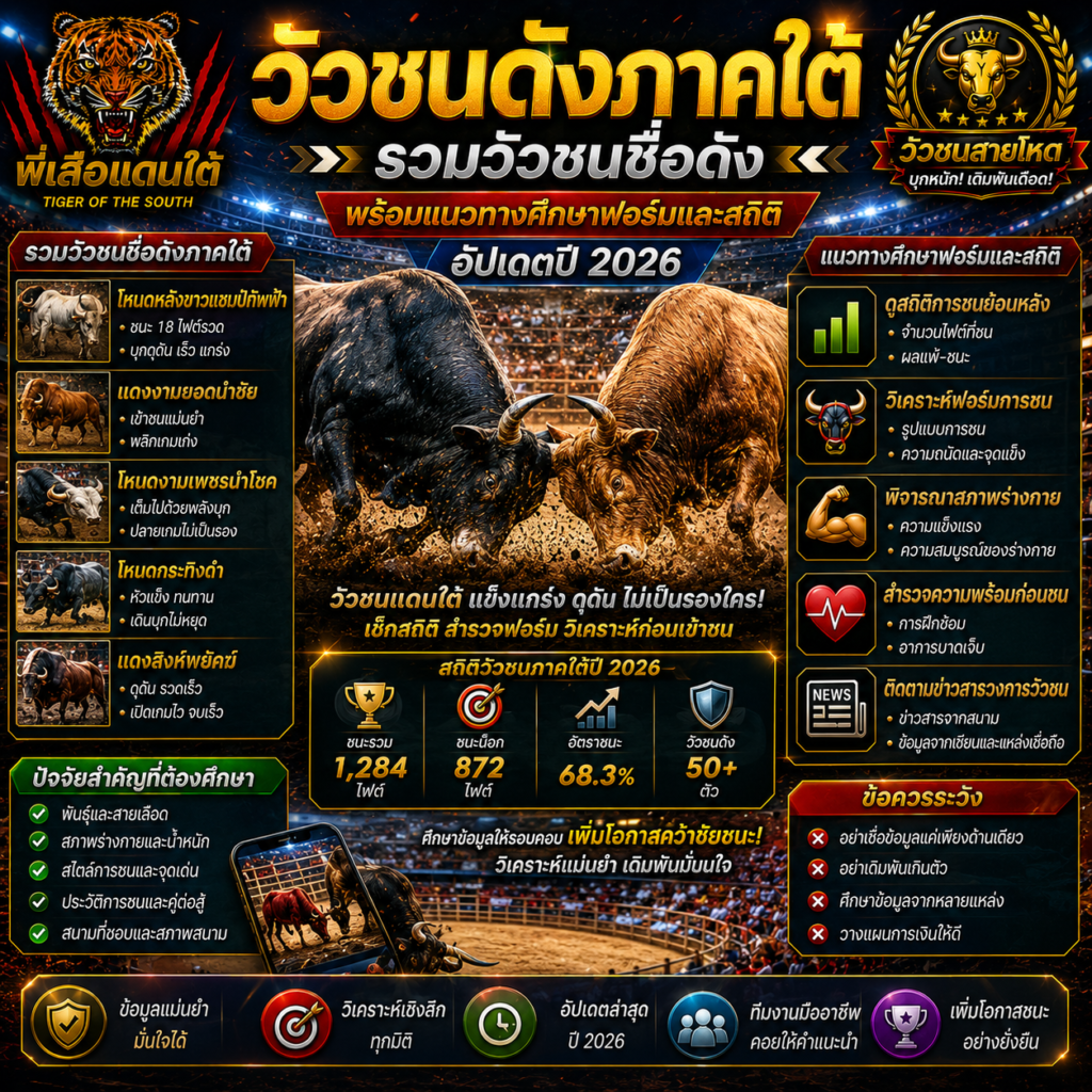 วัวชนดังภาคใต้ รวมวัวชนชื่อดัง พร้อมแนวทางศึกษาฟอร์มและสถิติ