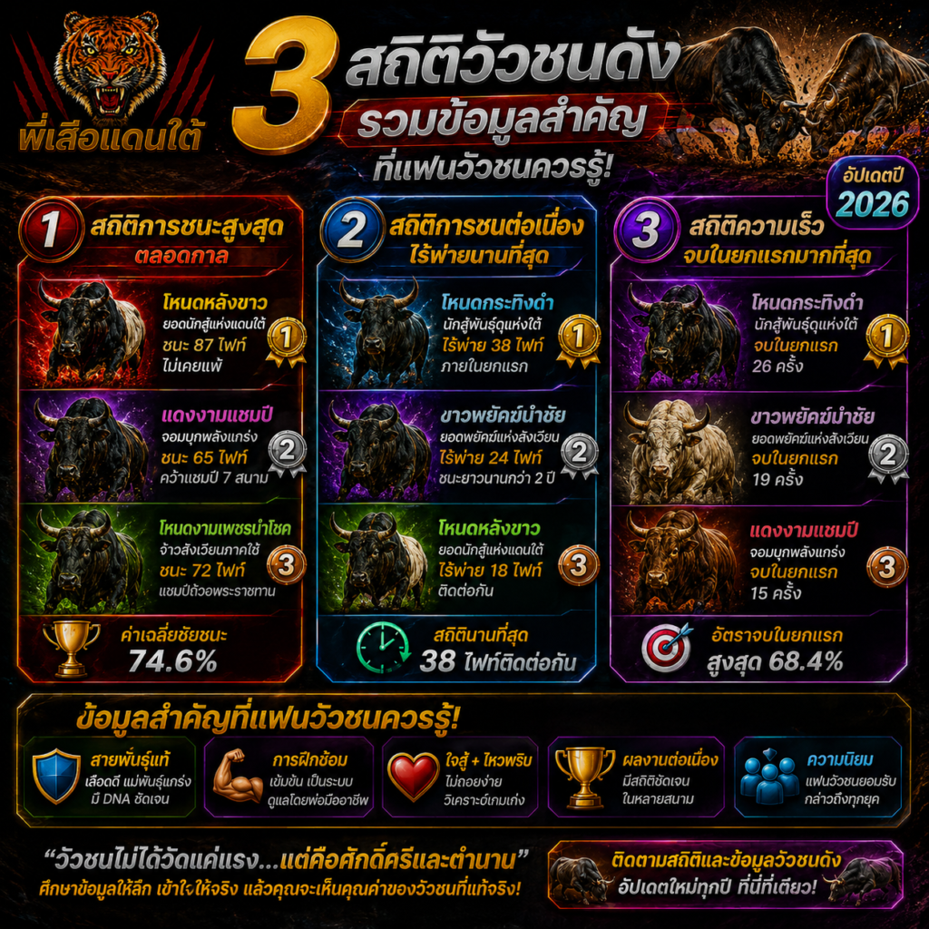 3 สถิติวัวชนดังที่ผู้ติดตามการแข่งขันนิยมศึกษา
