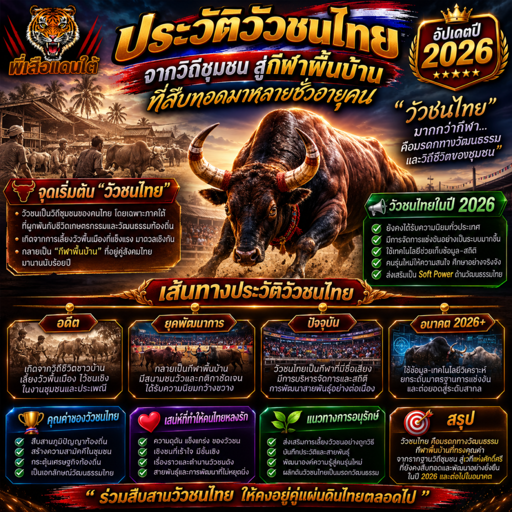 ประวัติวัวชนไทย จากวิถีชุมชนสู่กีฬาพื้นบ้านที่สืบทอดมาหลายชั่วอายุคน อัปเดตปี 2026