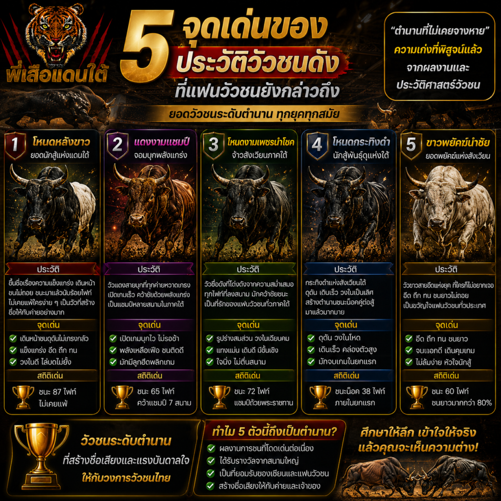 5 ประวัติวัวชนดัง รวมเรื่องราววัวชนชื่อดังในวงการ 2026