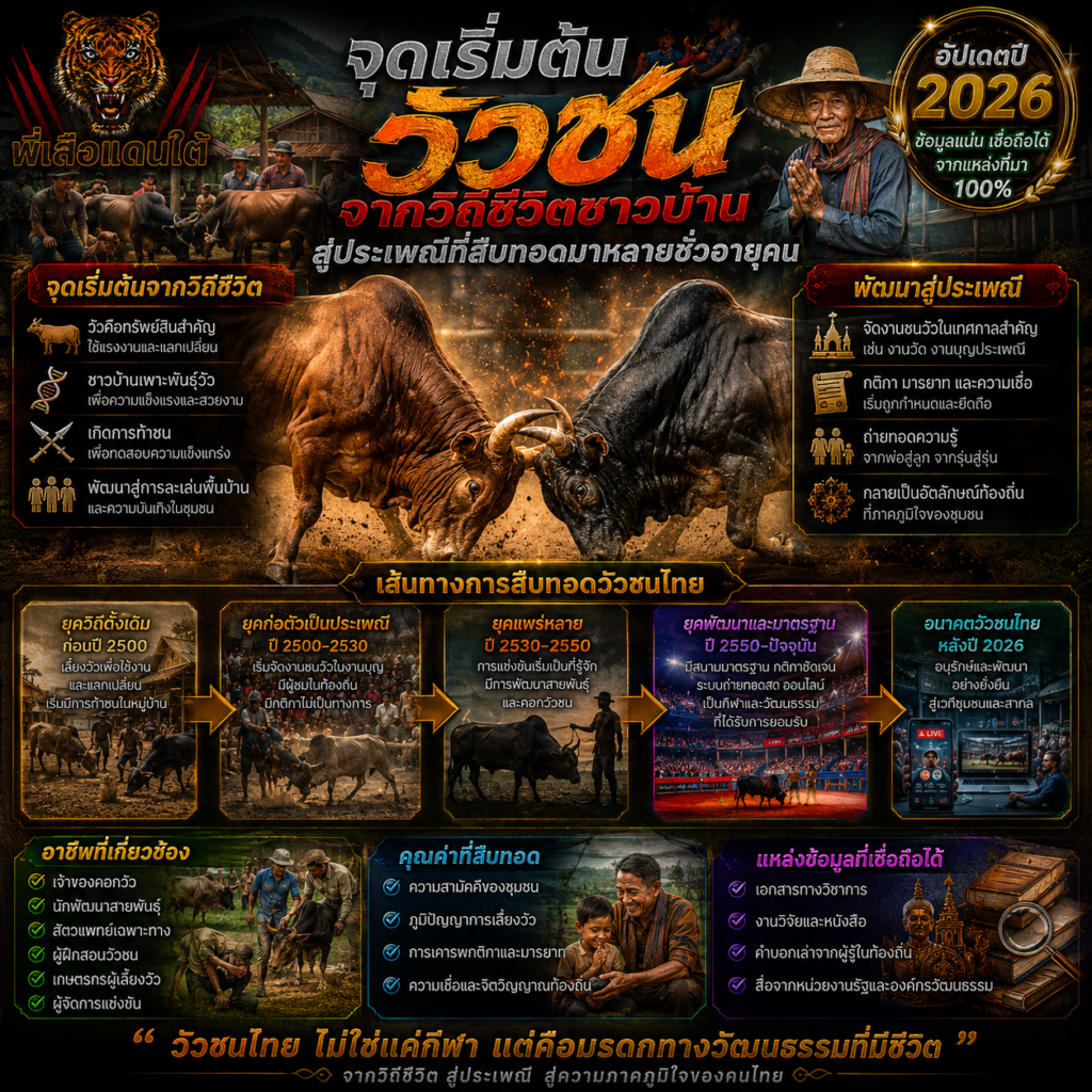 จุดเริ่มต้นวัวชน จากวิถีชีวิตชาวบ้านสู่ประเพณีที่สืบทอดมาหลายชั่วอายุคน อัปเดตปี 2026