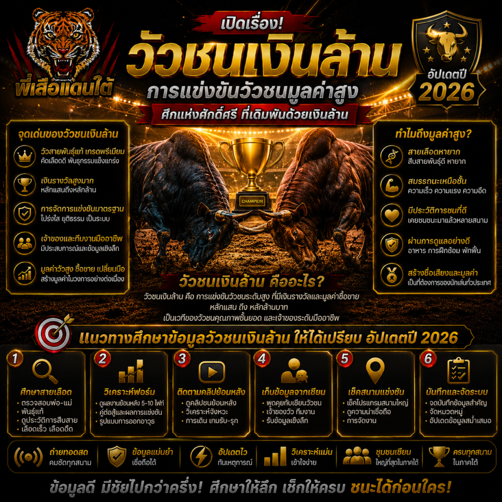 วัวชนเงินล้าน เปิดเรื่องการแข่งขันวัวชนมูลค่าสูง อัปเดต 2026
