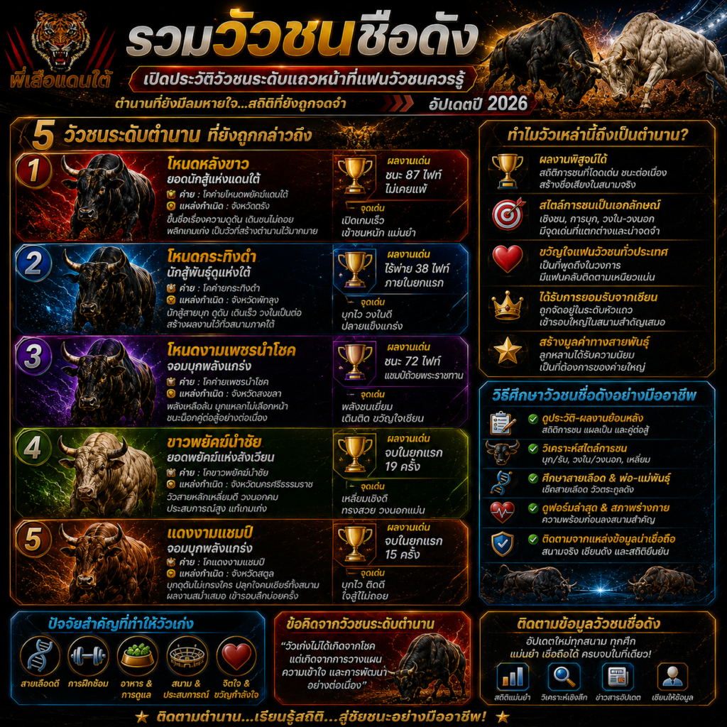 รวมวัวชนชื่อดัง เปิดประวัติวัวชนระดับแถวหน้าที่แฟนวัวชนควรรู้ อัปเดตปี 2026
