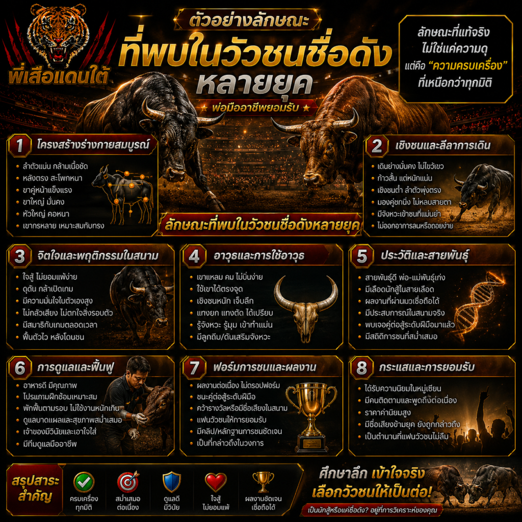 ตัวอย่างลักษณะที่พบในวัวชนชื่อดังหลายยุค