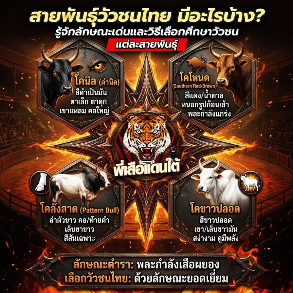  สายพันธุ์วัวชนไทย  มีอะไรบ้าง? รู้จักลักษณะเด่นและวิธีเลือกวัวชนแต่ละสายพันธุ์ ปี 2026