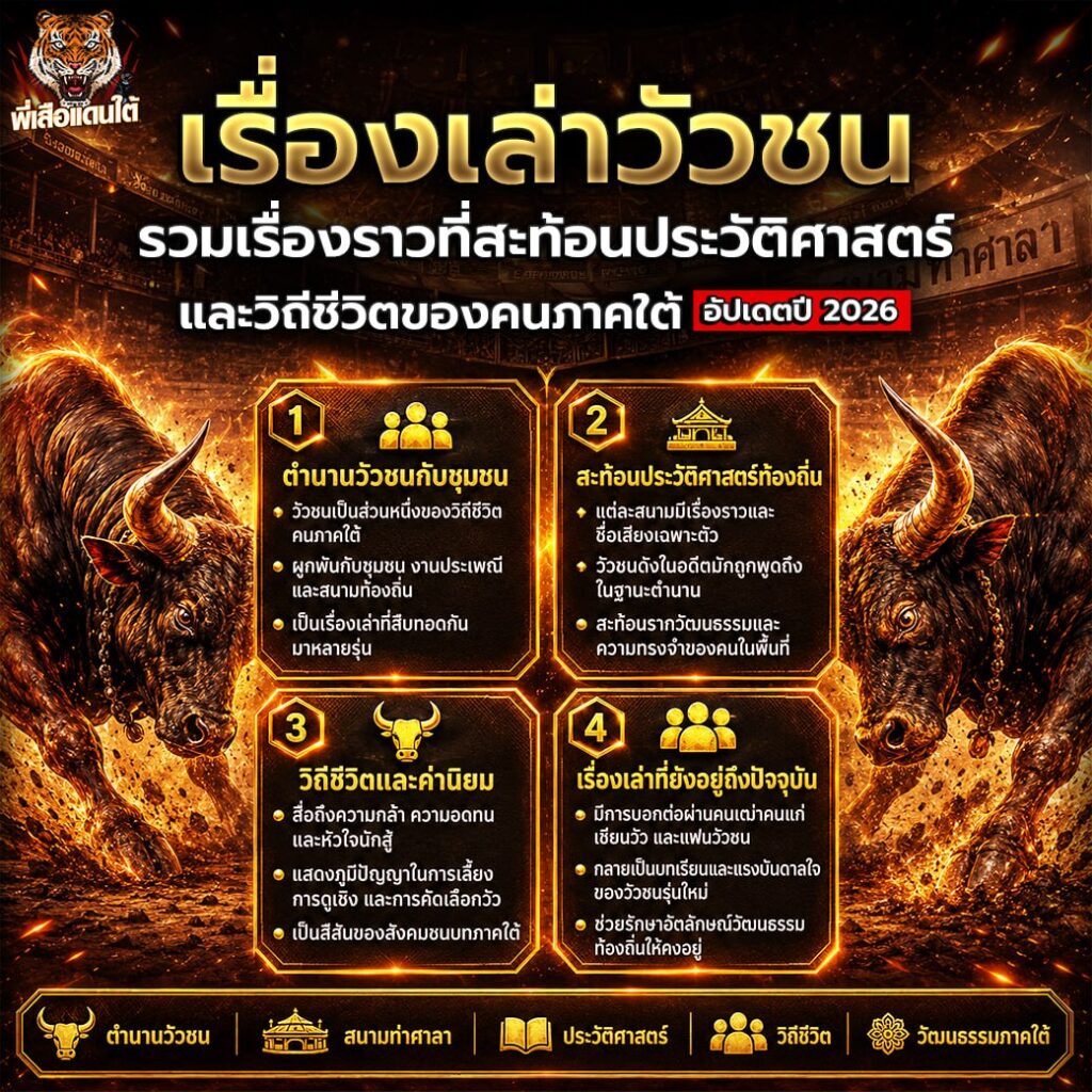 เรื่องเล่าวัวชน รวมเรื่องราวที่สะท้อนประวัติศาสตร์และวิถีชีวิตของคนภาคใต้ อัปเดตปี 2026
