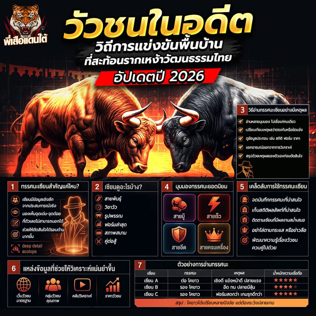 วัวชนในอดีต  วิถีการแข่งขันพื้นบ้านที่สะท้อนรากเหง้าวัฒนธรรมไทย อัปเดตปี 2026